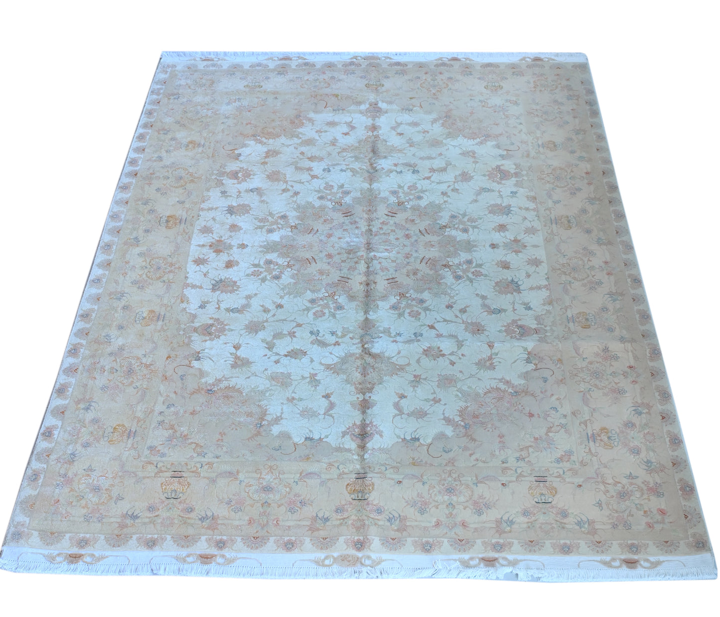 Tabriz Wool and Silk Cream/Beige Fine Hand Knotted 10 X 7 FT