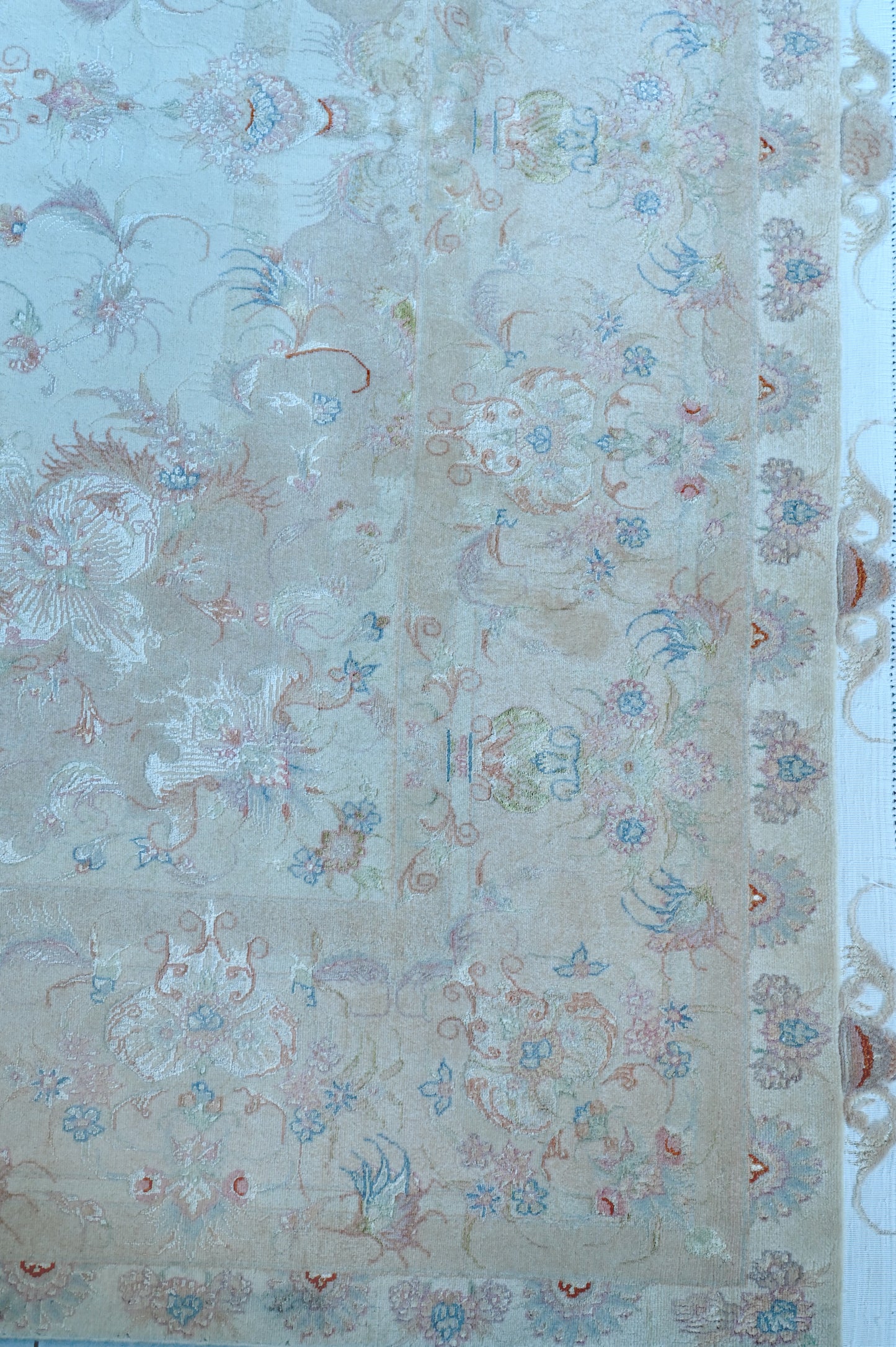 Tabriz Wool and Silk Cream/Beige Fine Hand Knotted 10 X 7 FT