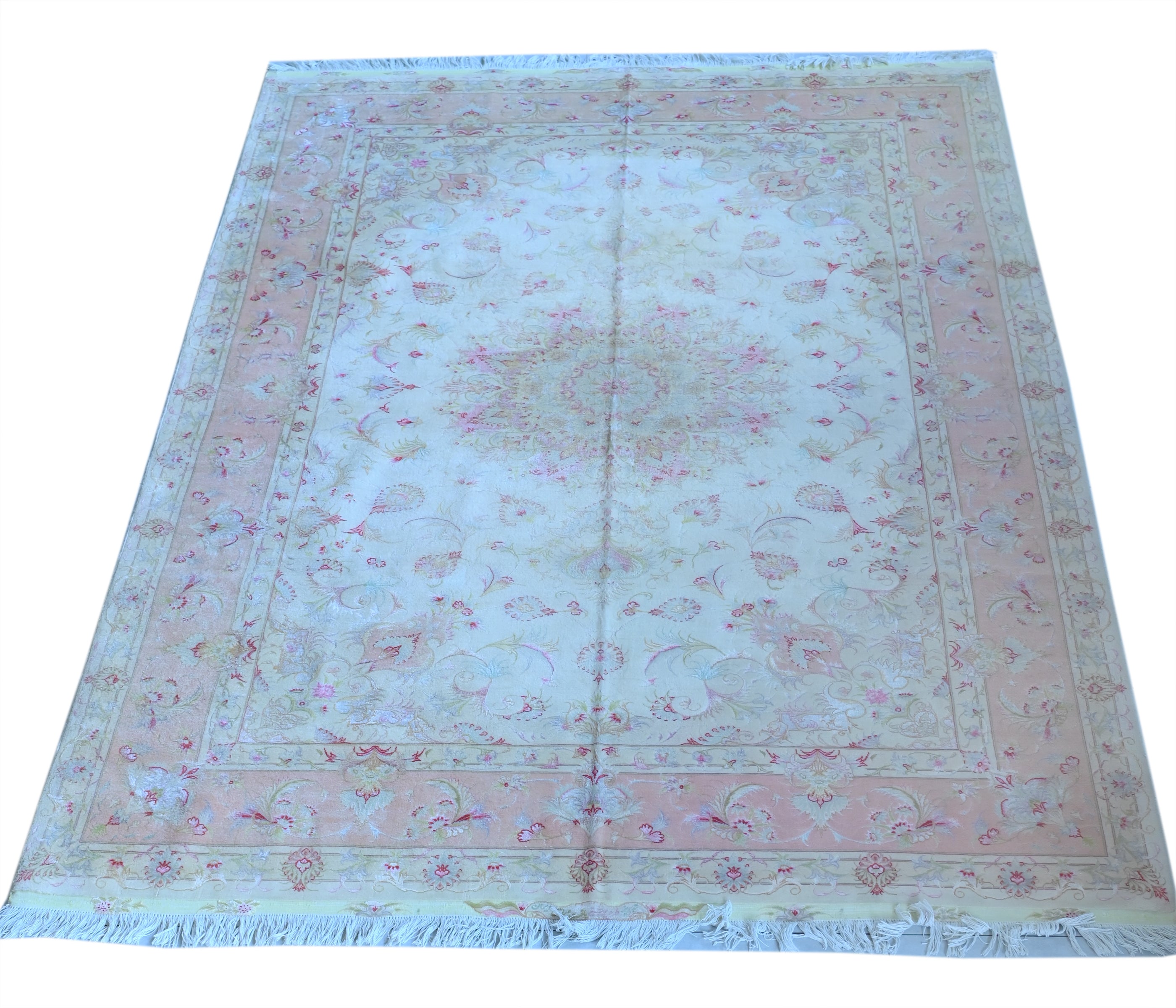 Tabriz Wool and Silk Cream Pink Fine Hand Knotted 10 X 7 FT