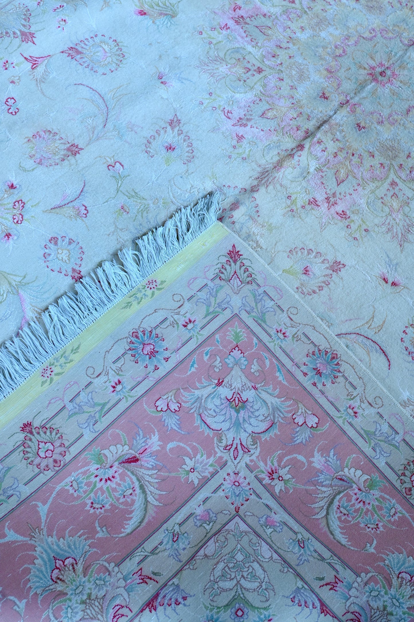 Tabriz Wool and Silk Cream Pink Fine Hand Knotted