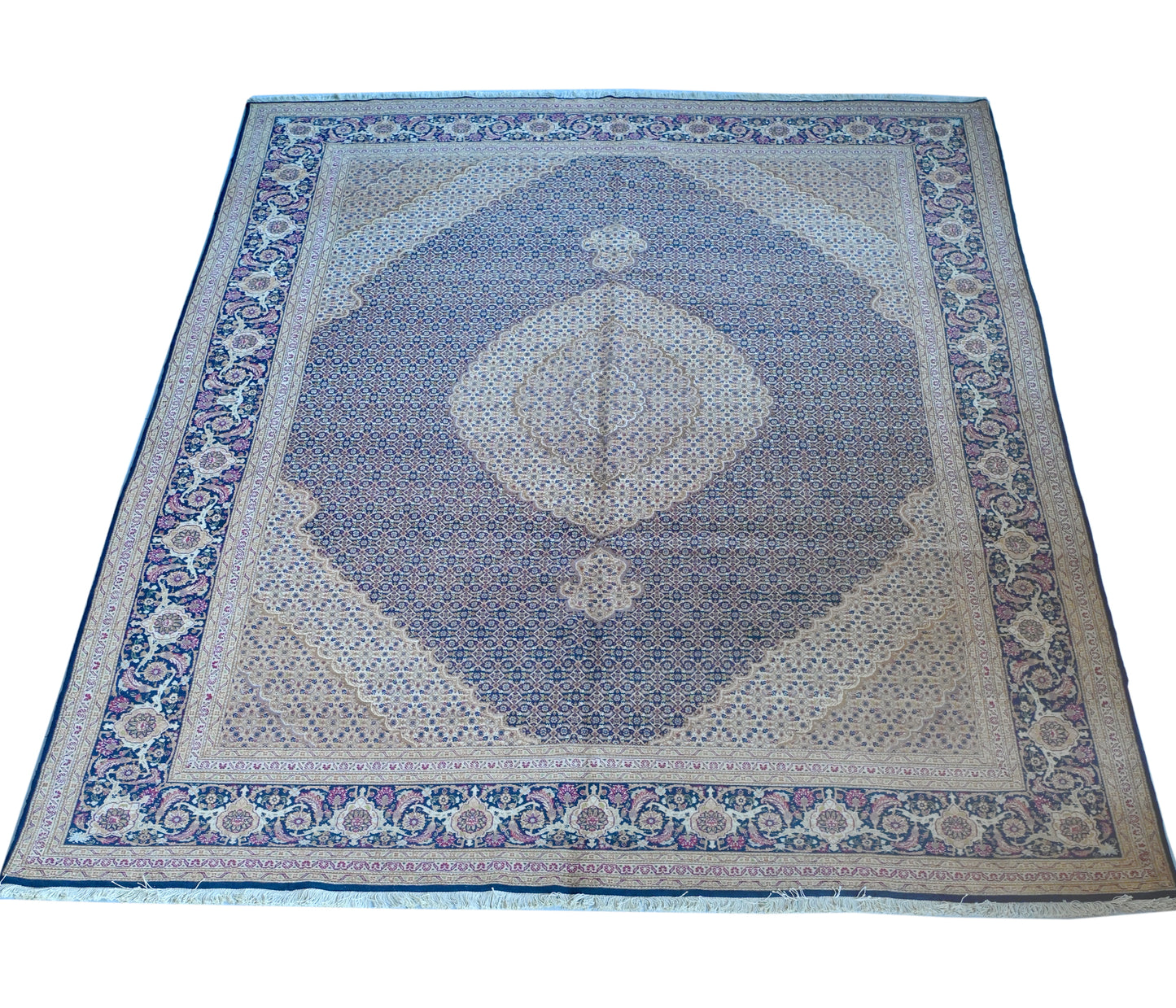 Tabriz Wool and Silk Pink/Blue Fine Hand Knotted 11 X 8 FT