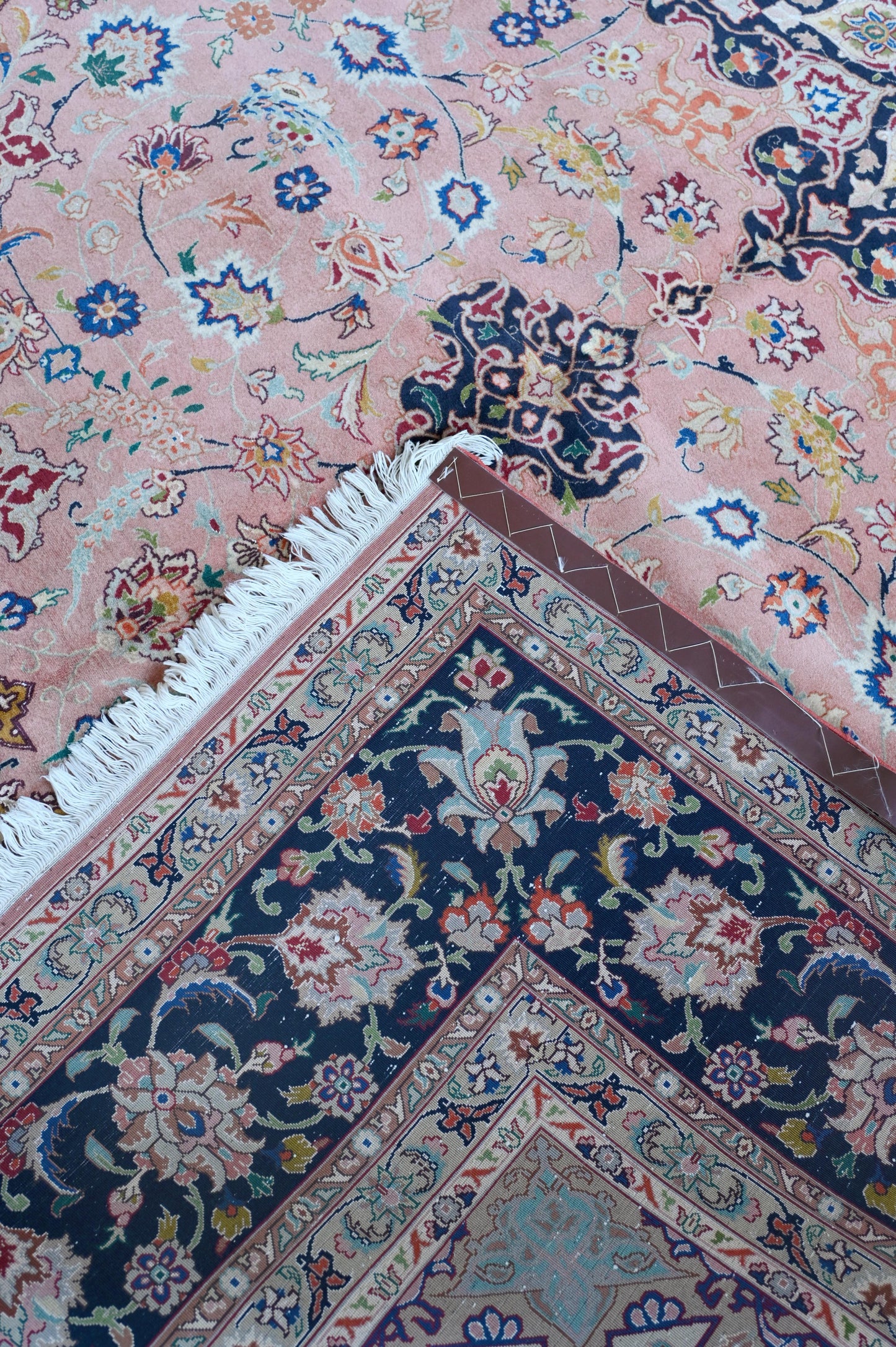 Tabriz Wool and Silk Pink/Beige Fine Hand Knotted 11 X 8 FT