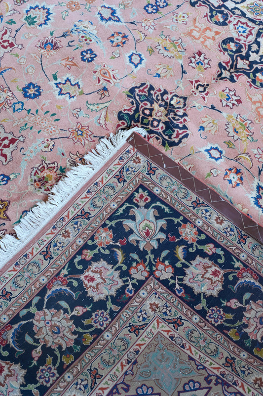 Tabriz Wool and Silk Pink/Beige Fine Hand Knotted 11 X 8 FT