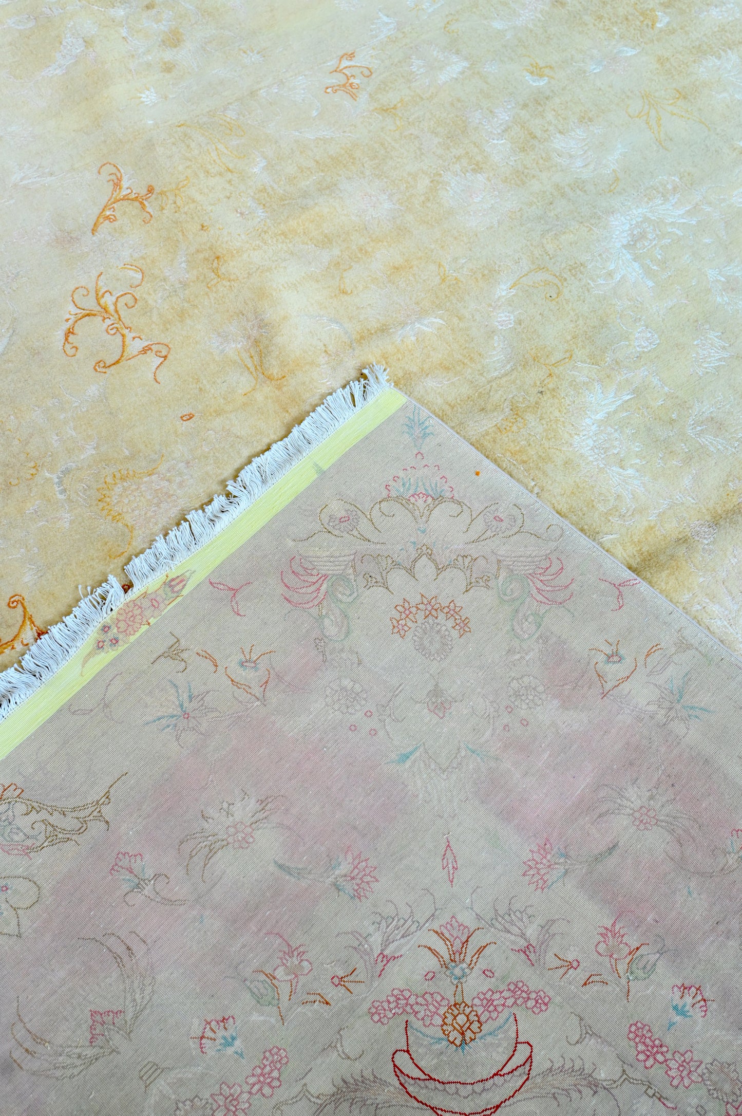 Tabriz Wool and Silk Gold Self Tone Fine Hand Knotted 12 X 8 FT