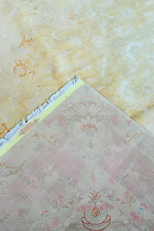 Tabriz Wool and Silk Gold Self Tone Fine Hand Knotted 12 X 8 FT
