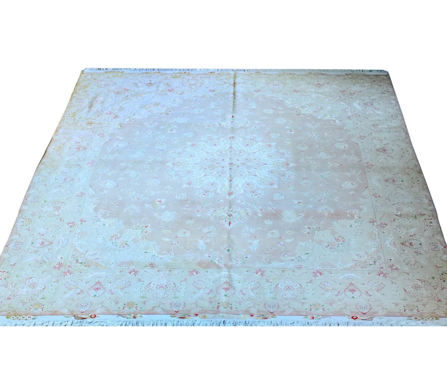 Tabriz Wool and Silk Pink/Beige Fine Hand Knotted 10 X 8 FT