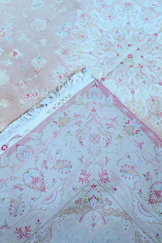 Tabriz Wool and Silk Pink/Beige Fine Hand Knotted 10 X 8 FT