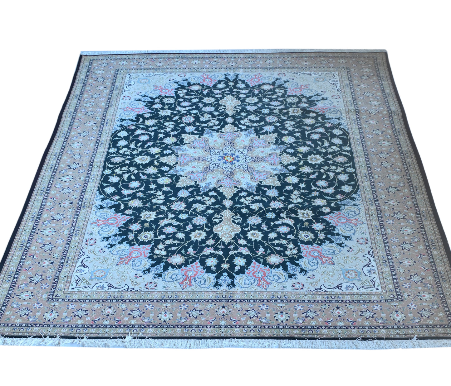 Tabriz Wool and Silk Black /Beige Fine Hand Knotted 11 by 8 FT