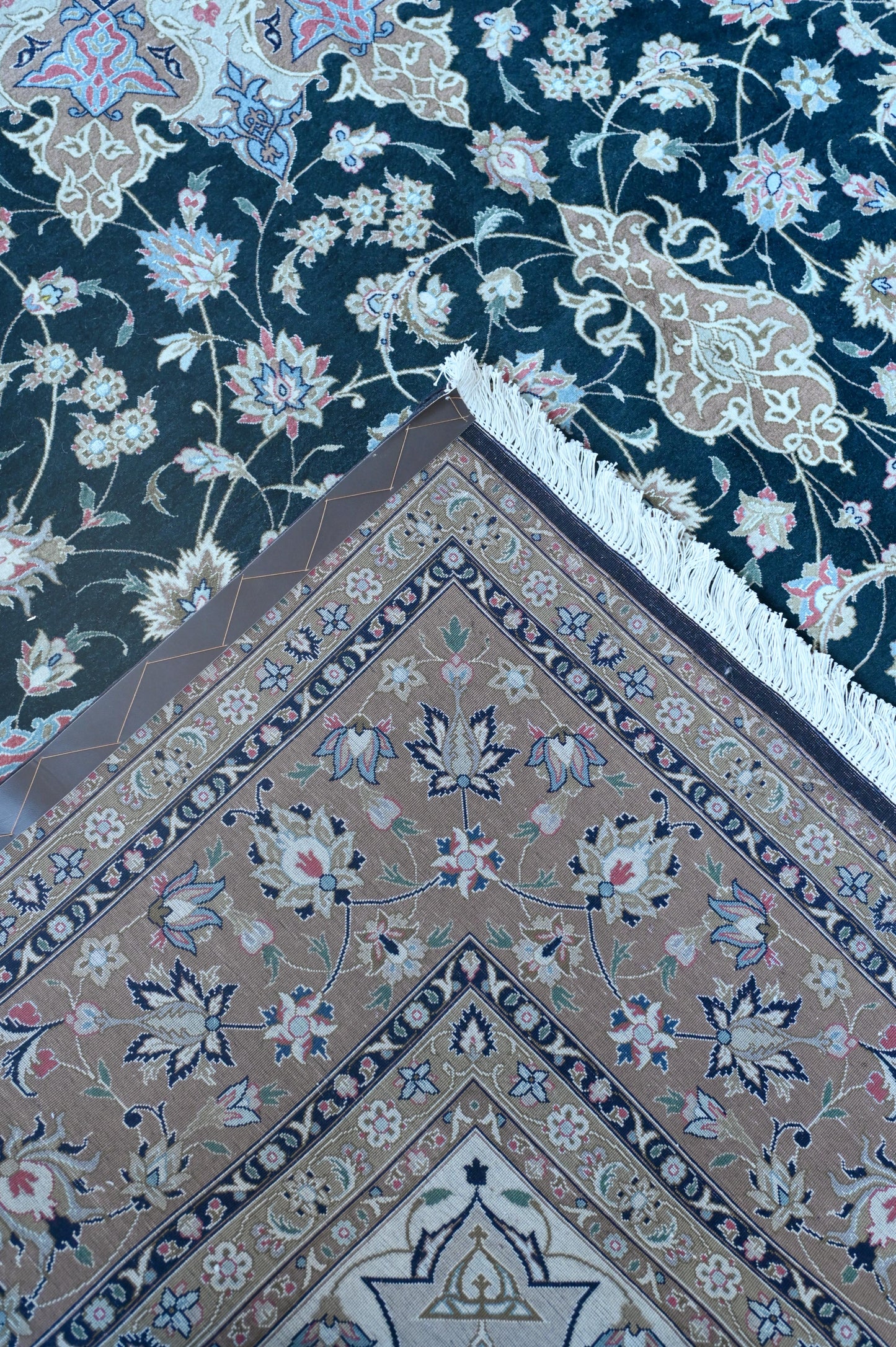 Tabriz Wool and Silk Black /Beige Fine Hand Knotted 11 by 8 FT