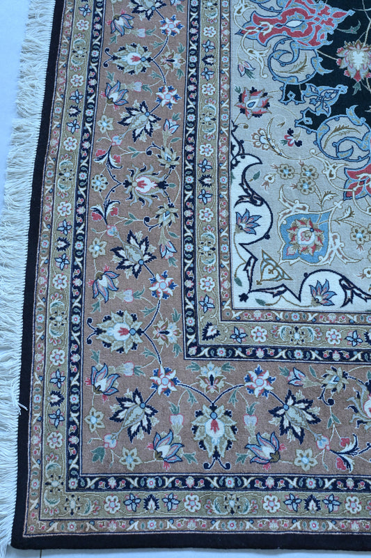 Tabriz Wool and Silk Black /Beige Fine Hand Knotted 11 by 8 FT