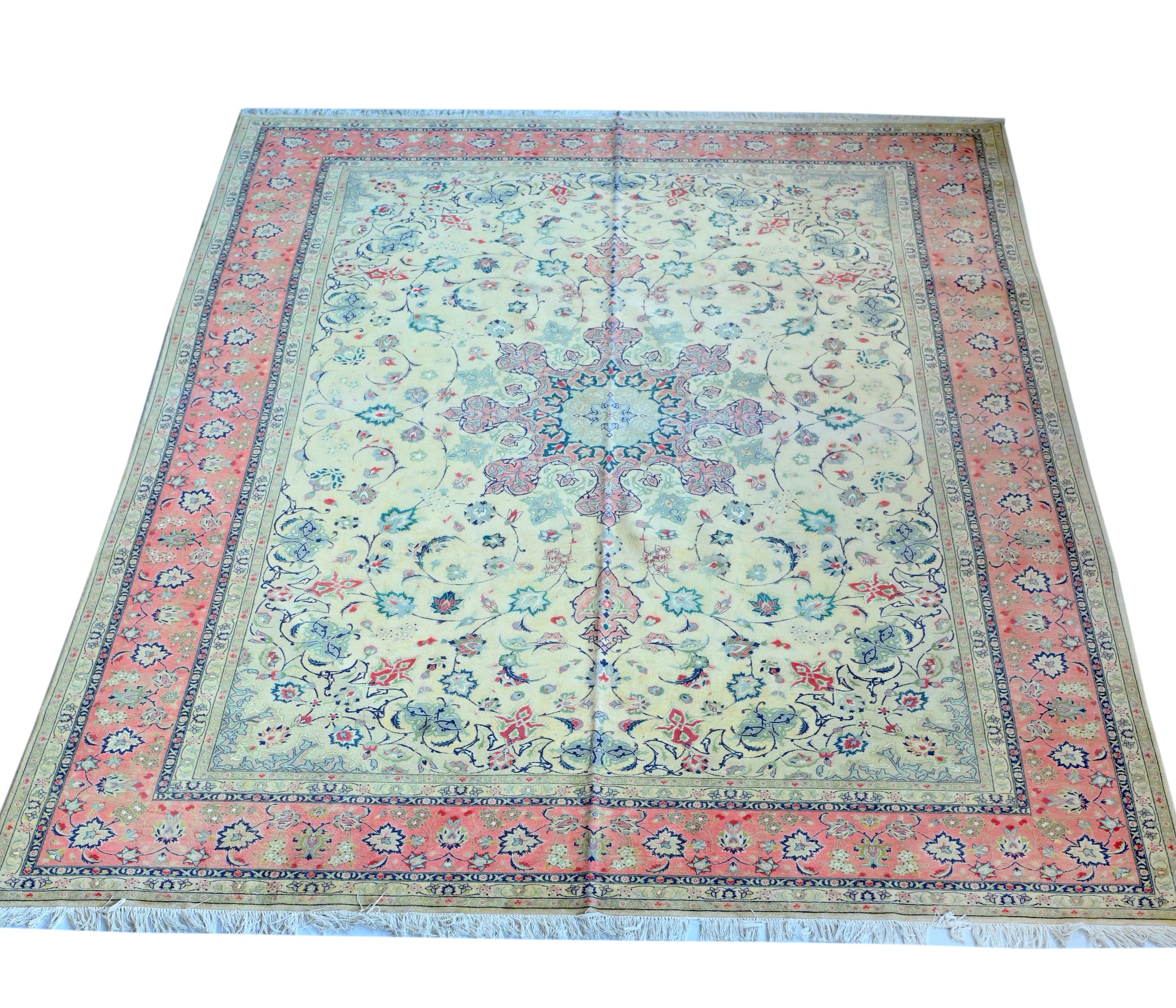 Tabriz Wool and Silk Yellow/Peach Fine Hand Knotted 11 X 8 FT