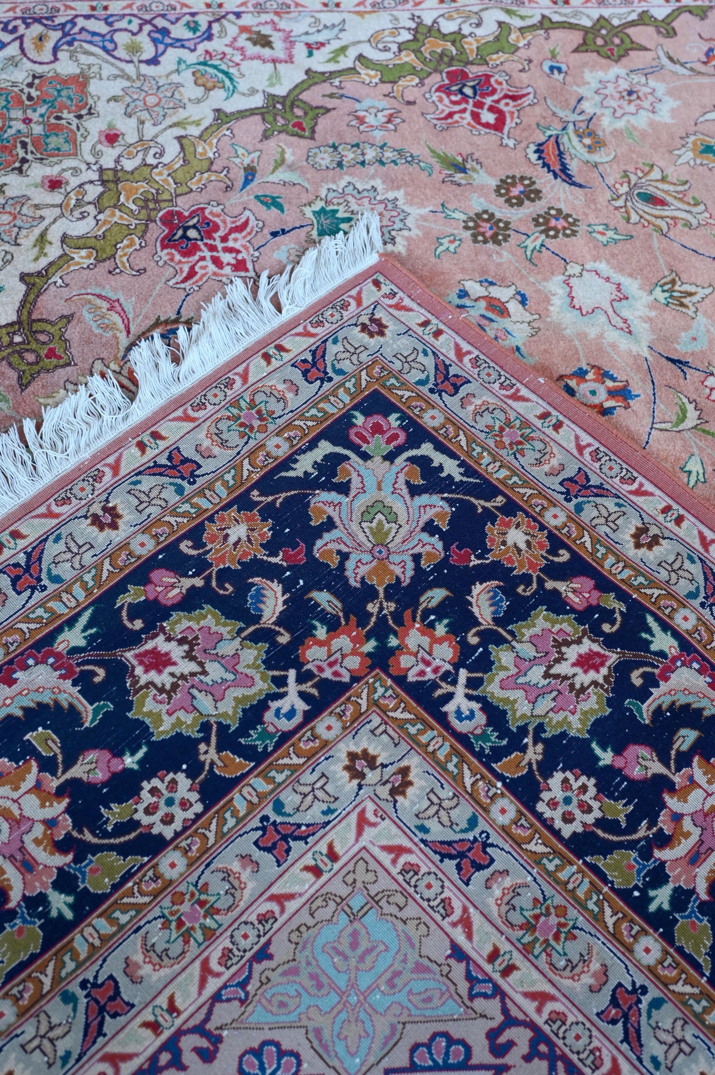 Tabriz Wool and Silk Pink/Blue Fine Hand Knotted 11 X 8 FT