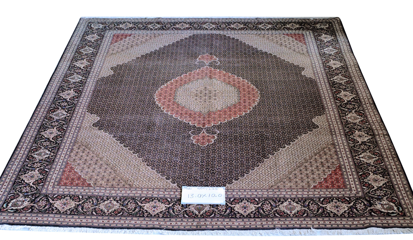 Mahi Tabriz Wool and Silk Black/Beige 13 X 10 FT