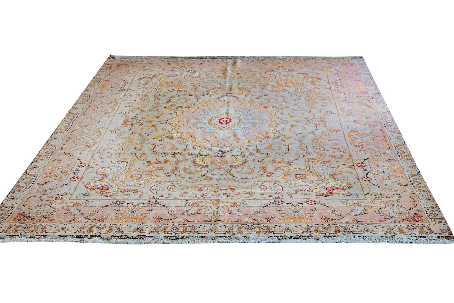 Tabriz Royal Wool and Silk on Silk Base Fine Hand Knotted Cream/Peach 14 X 10 FT