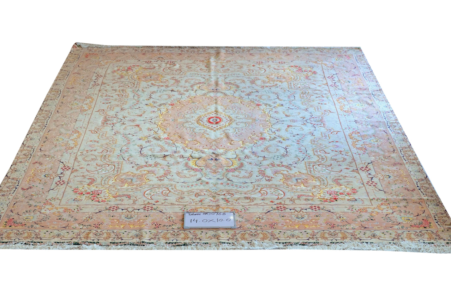 Tabriz Royal Wool and Silk on Silk Base Fine Hand Knotted Cream/Peach 14 X 10 FT