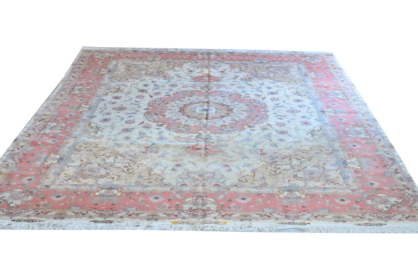 Tabriz Royal Wool and Silk on Silk Base Fine Hand Knotted Cream/Pink 13 X 10 FT
