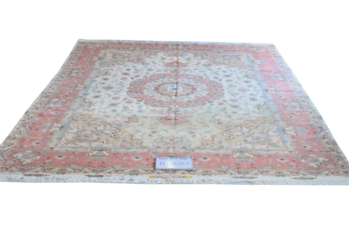 Tabriz Royal Wool and Silk on Silk Base Fine Hand Knotted Cream/Pink 13 X 10 FT