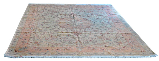 Tabriz Wool and Silk Cream/Pink Fine Hand Knotted 13 X 10 FT