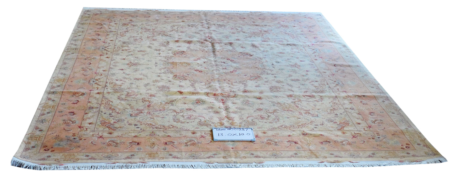 Tabriz Wool and Silk Cream/Pink Fine Hand Knotted 13 X 10 FT