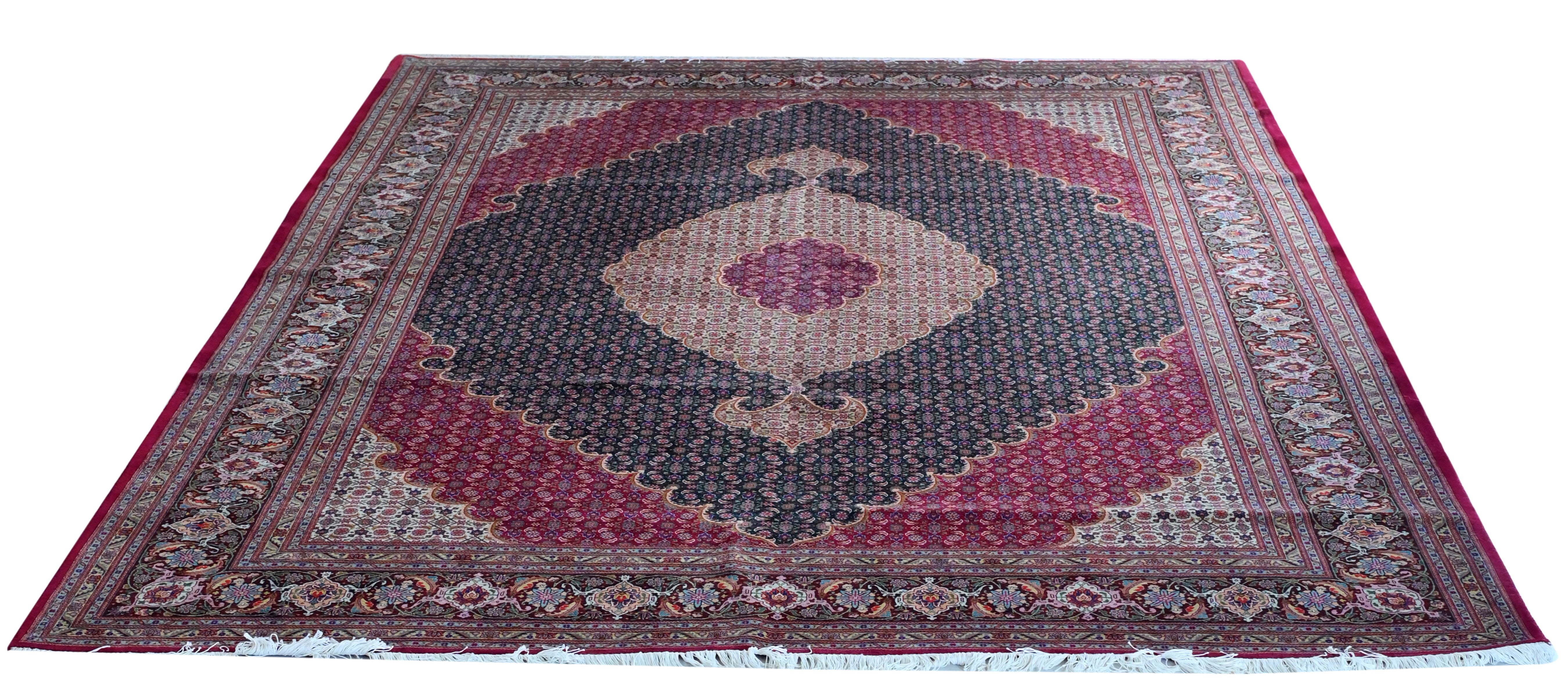 Tabriz Mahi Wool and Silk Maroon and Black Fine Hand Knotted 11 X 8 FT