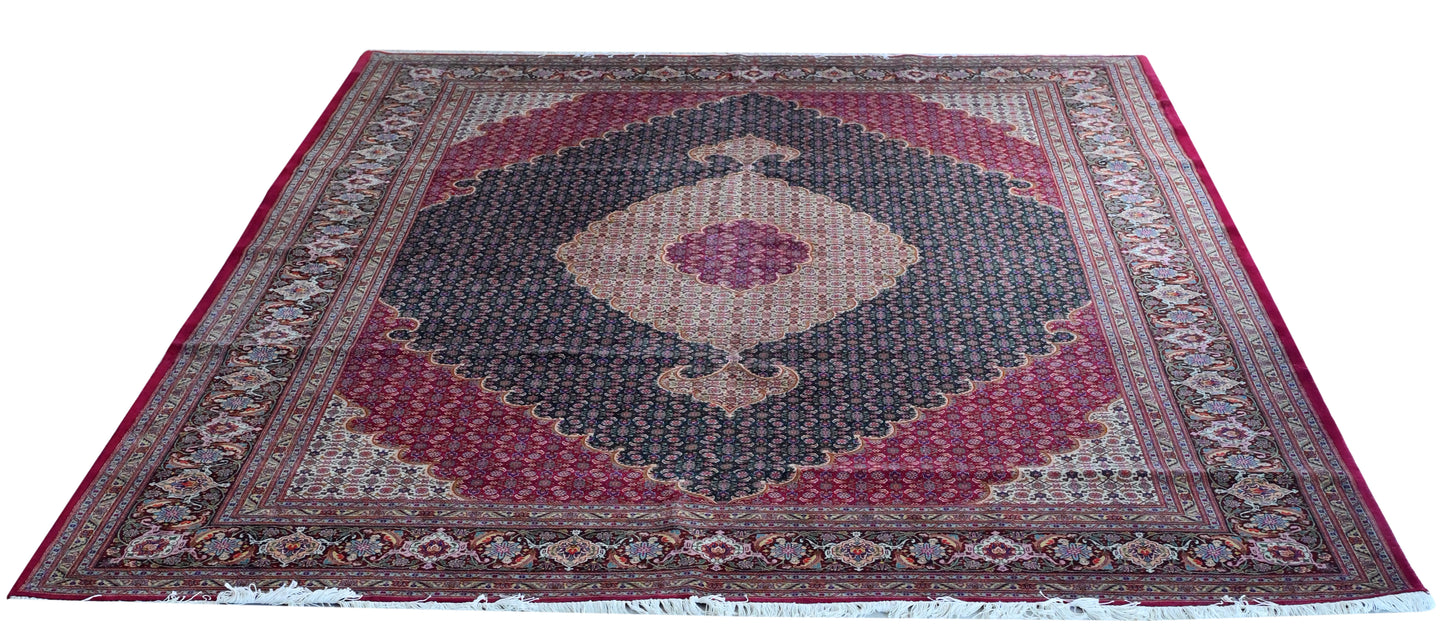 Tabriz Mahi Wool and Silk Maroon and Black Fine Hand Knotted 11 X 8 FT