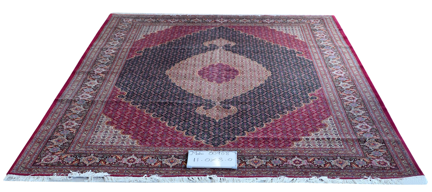 Tabriz Mahi Wool and Silk Maroon and Black Fine Hand Knotted 11 X 8 FT