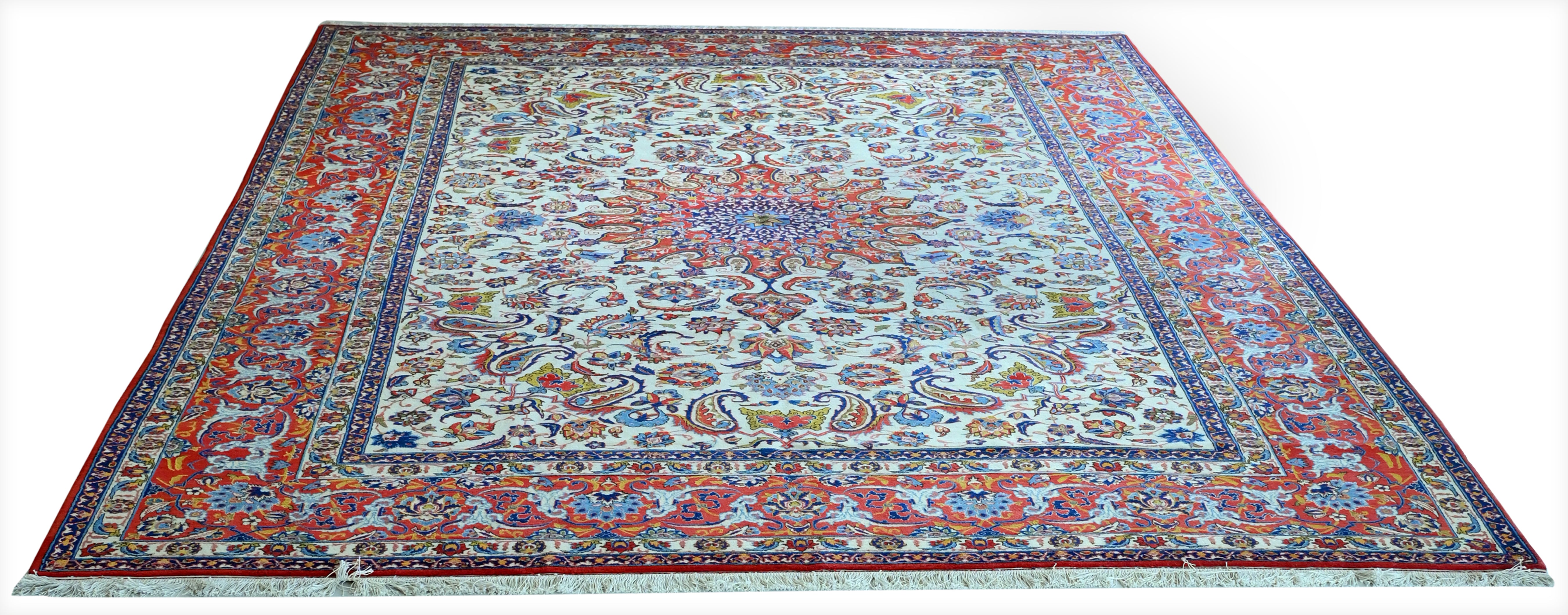 Ispahan Kunj Wool Cream/Orange fine Hand Knotted 12 X 9 FT