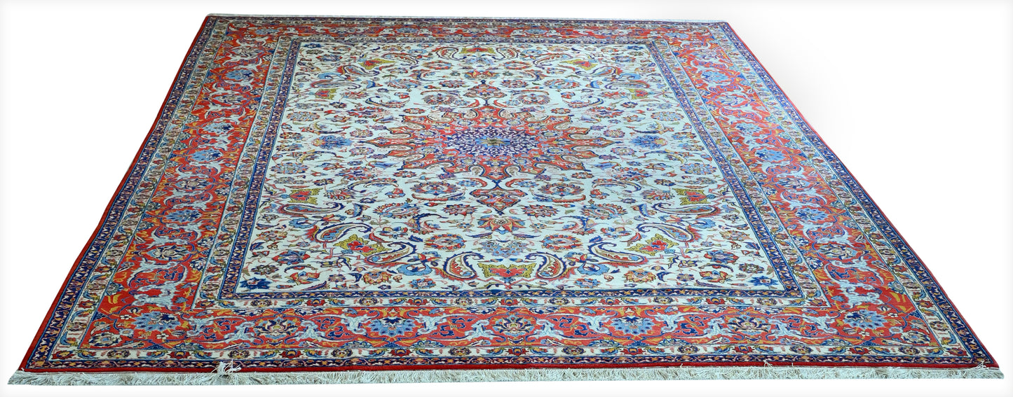 Ispahan Kunj Wool Cream/Orange fine Hand Knotted 12 X 9 FT