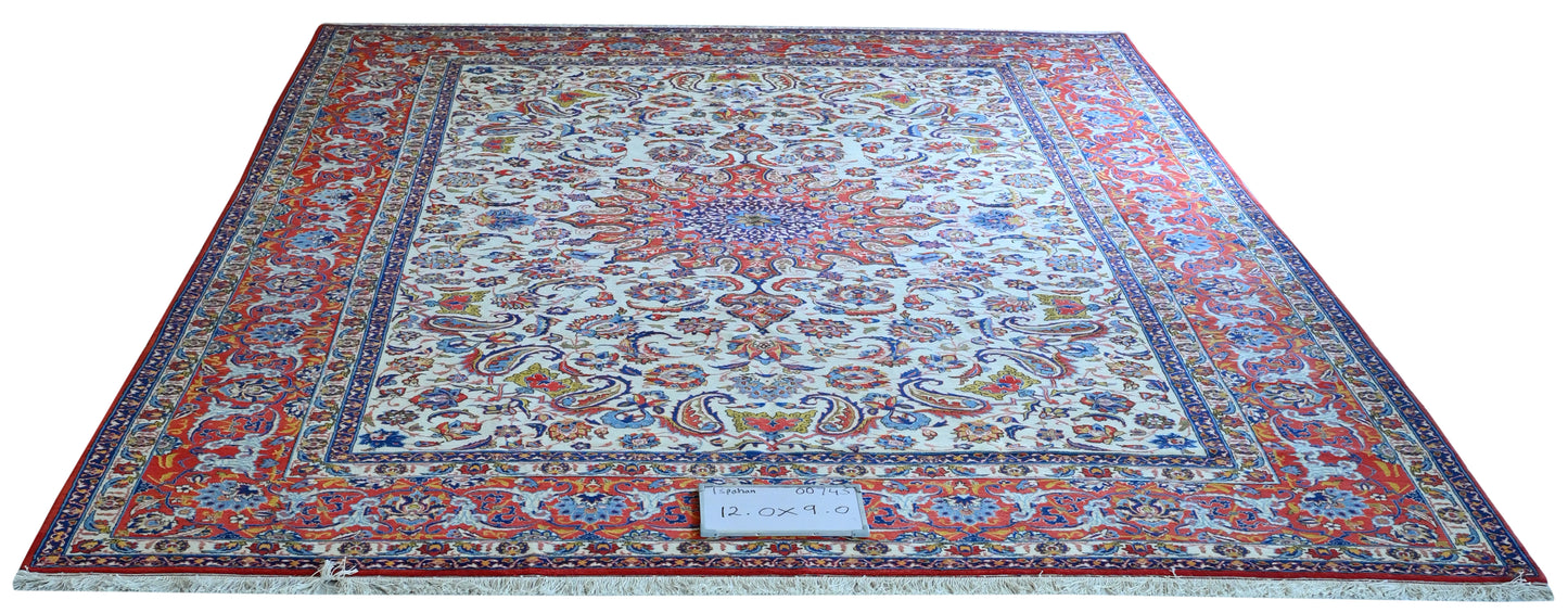Ispahan Kunj Wool Cream/Orange fine Hand Knotted 12 X 9 FT