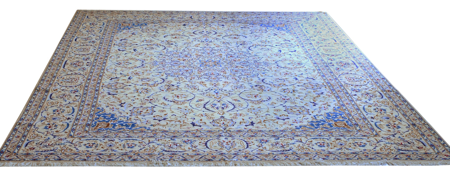 Nein Baby Lambs Wool Silk Fine Hand Knotted Cream/Blue 13 X 10 FT