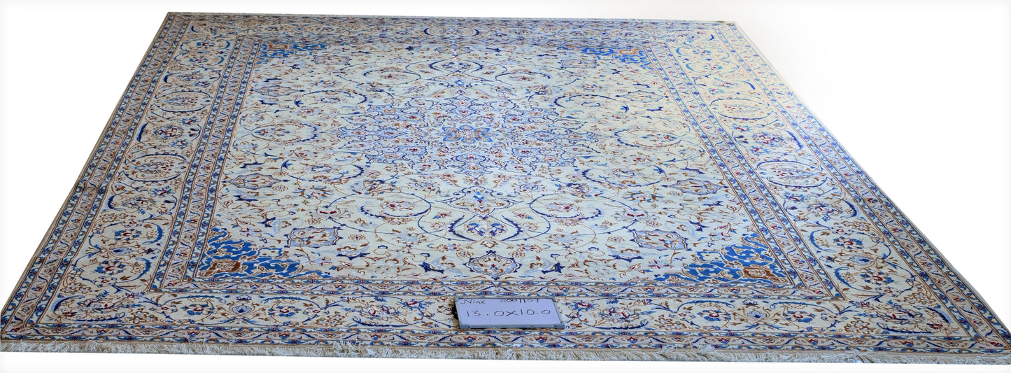 Nein Baby Lambs Wool Silk Fine Hand Knotted Cream/Blue 13 X 10 FT