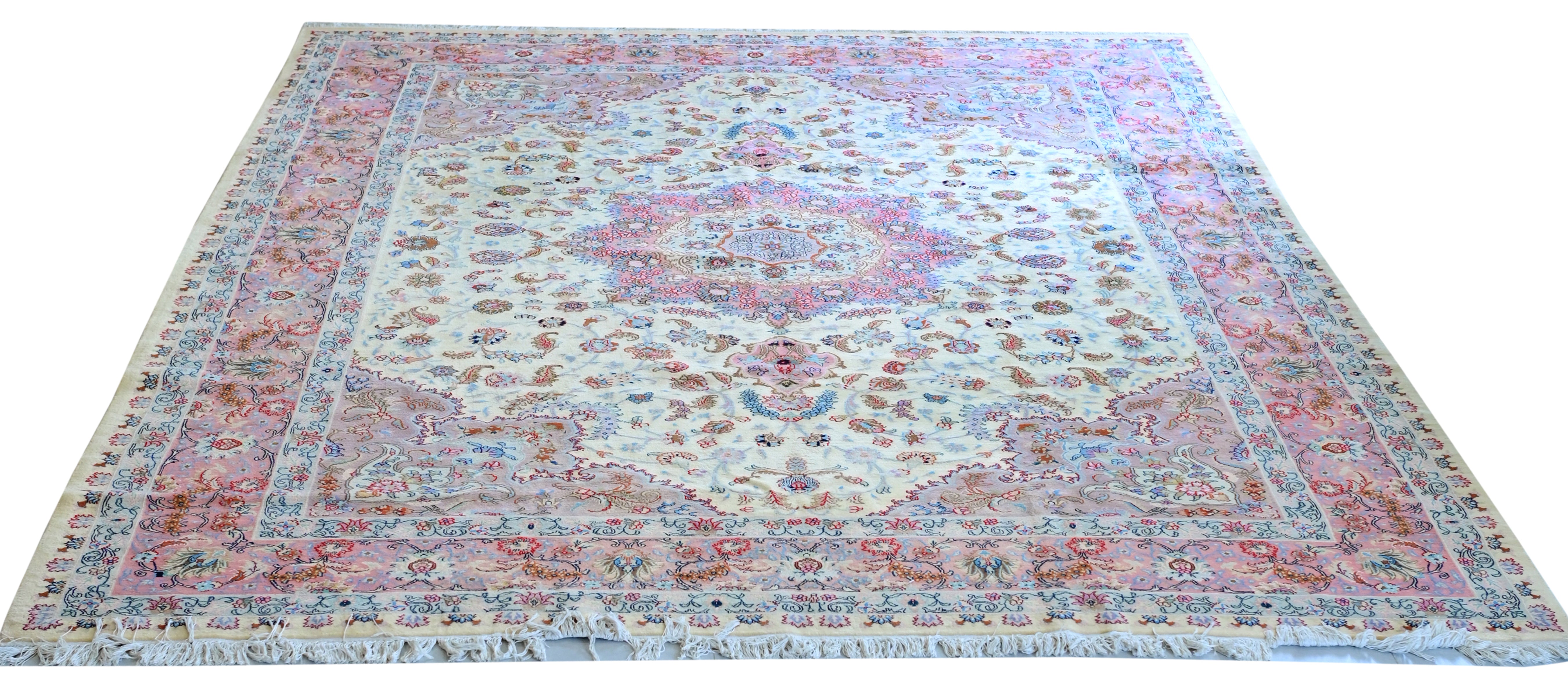 Tabriz Wool and Silk Fine Hand Knotted Cream and Pink 13 X 10 FT