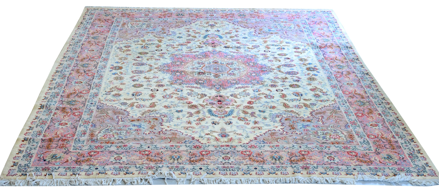 Tabriz Wool and Silk Fine Hand Knotted Cream and Pink 13 X 10 FT