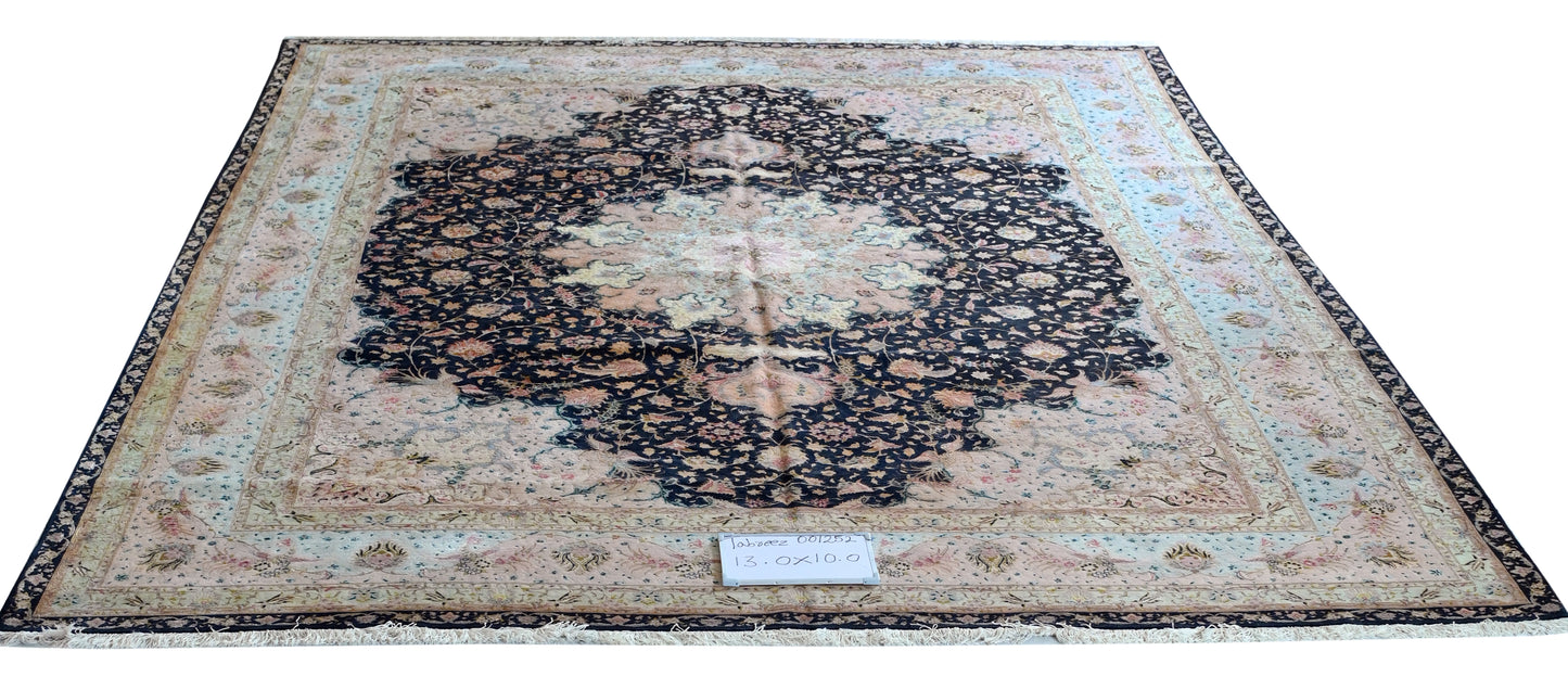 Tabriz Royal Wool and Silk on Silk Base Black With Pastels 13 X 10 FT