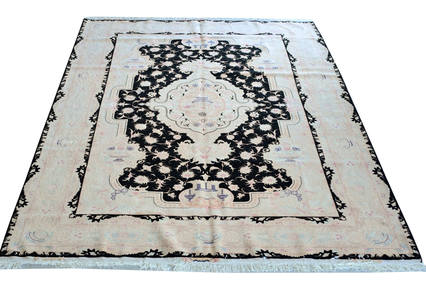 Tabriz Royal Wool and Silk on Silk Base Black/Beige 10 X 7 FT