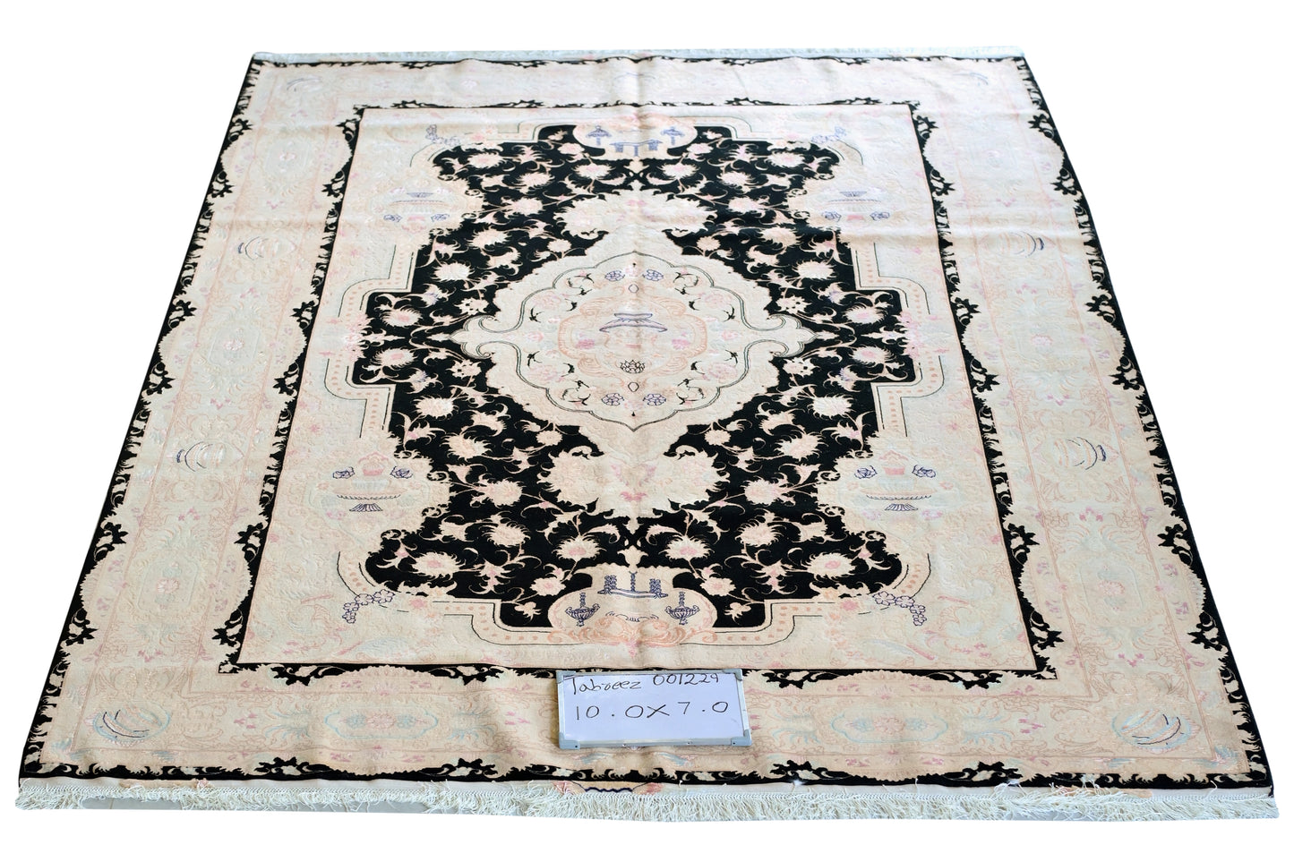 Tabriz Royal Wool and Silk on Silk Base Black/Beige 10 X 7 FT