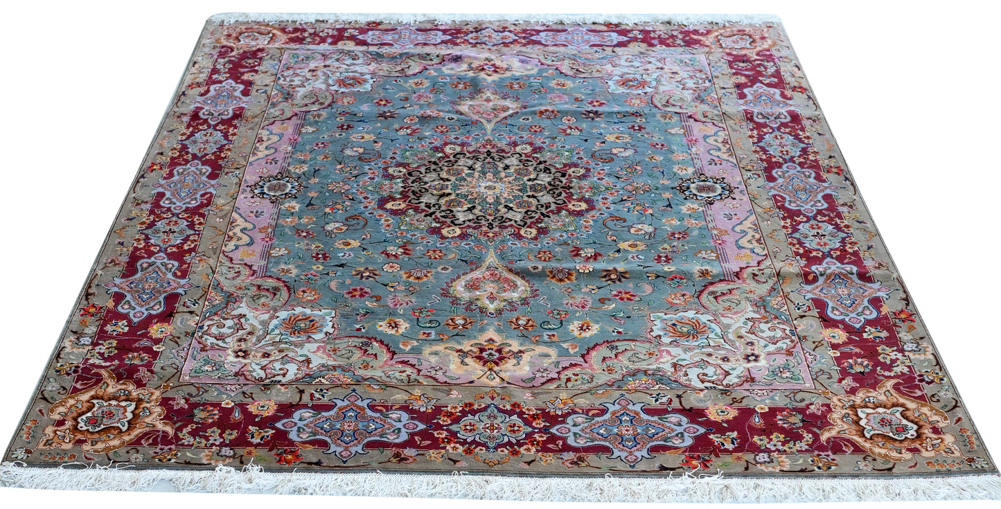 Tabriz Wool and Silk Maroon/Black Fine Hand Knotted 10 X 7 FT