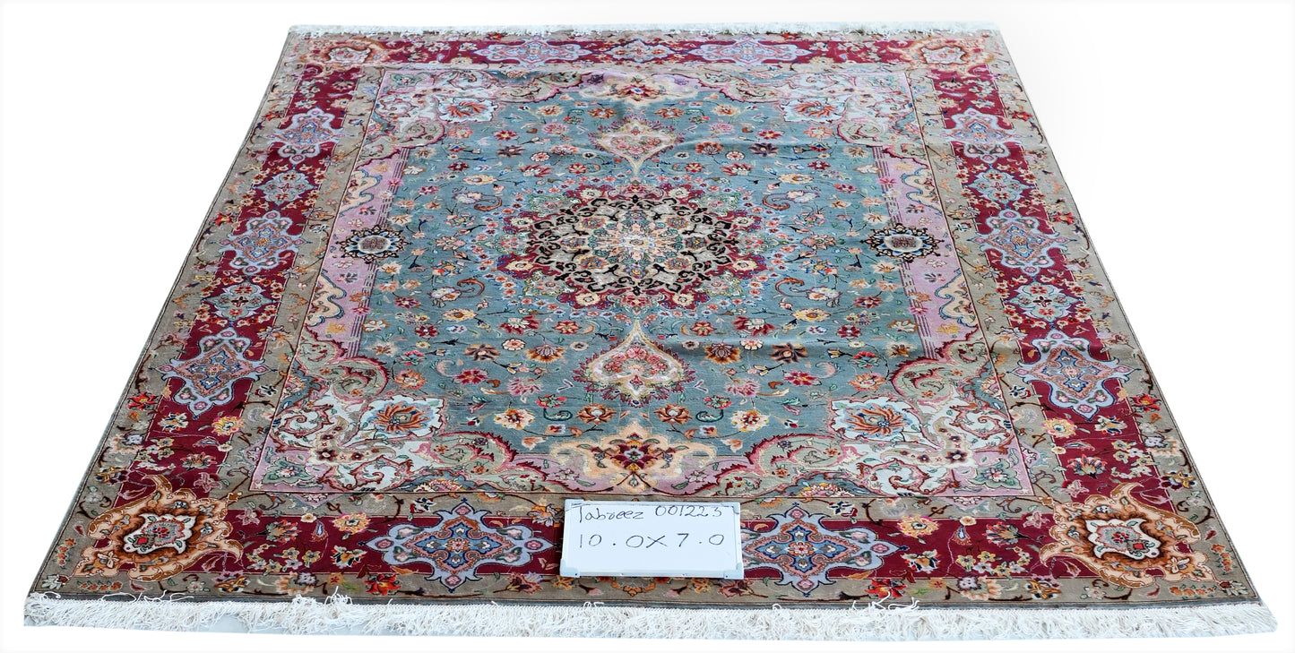 Tabriz Wool and Silk Maroon/Black Fine Hand Knotted 10 X 7 FT