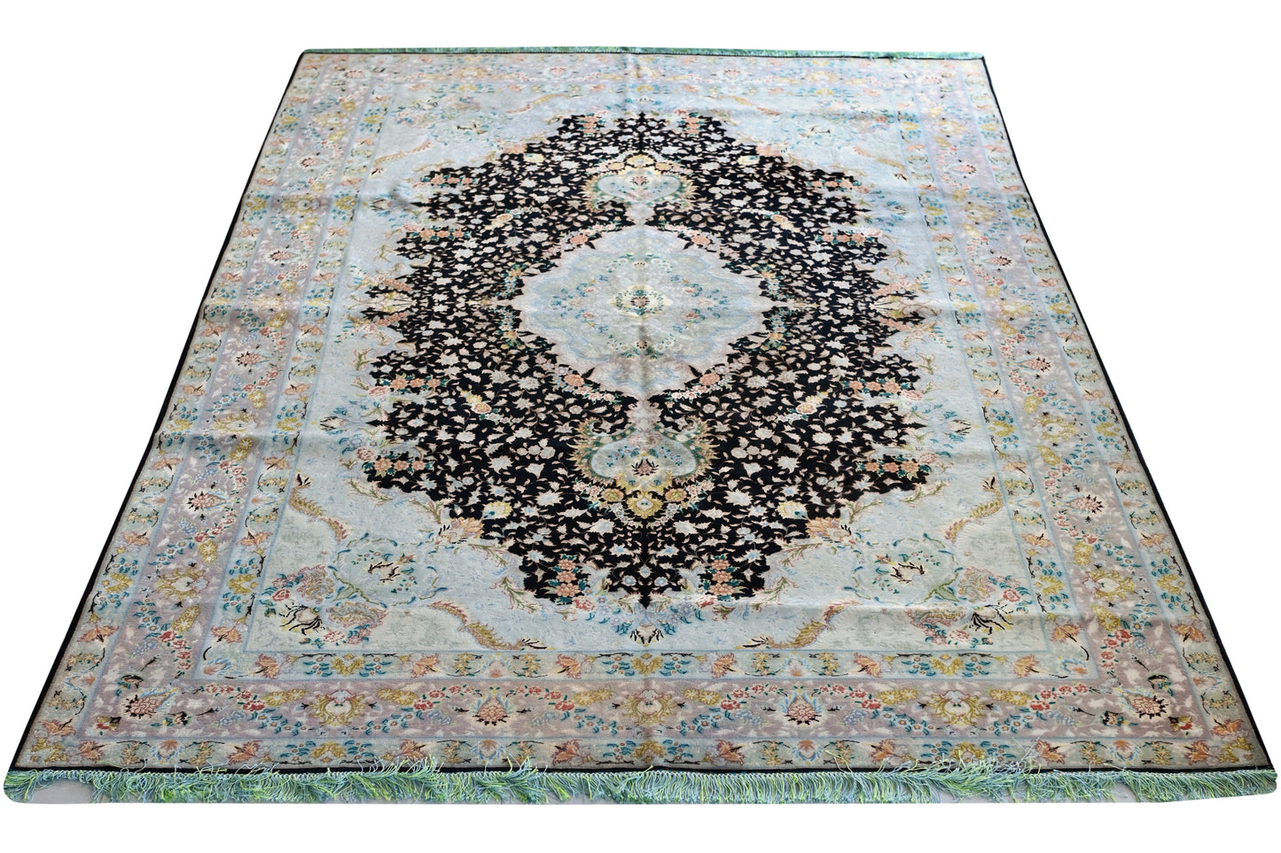 Tabriz Wool and Silk Black/Beige Fine Hand Knotted 10 X 7 FT