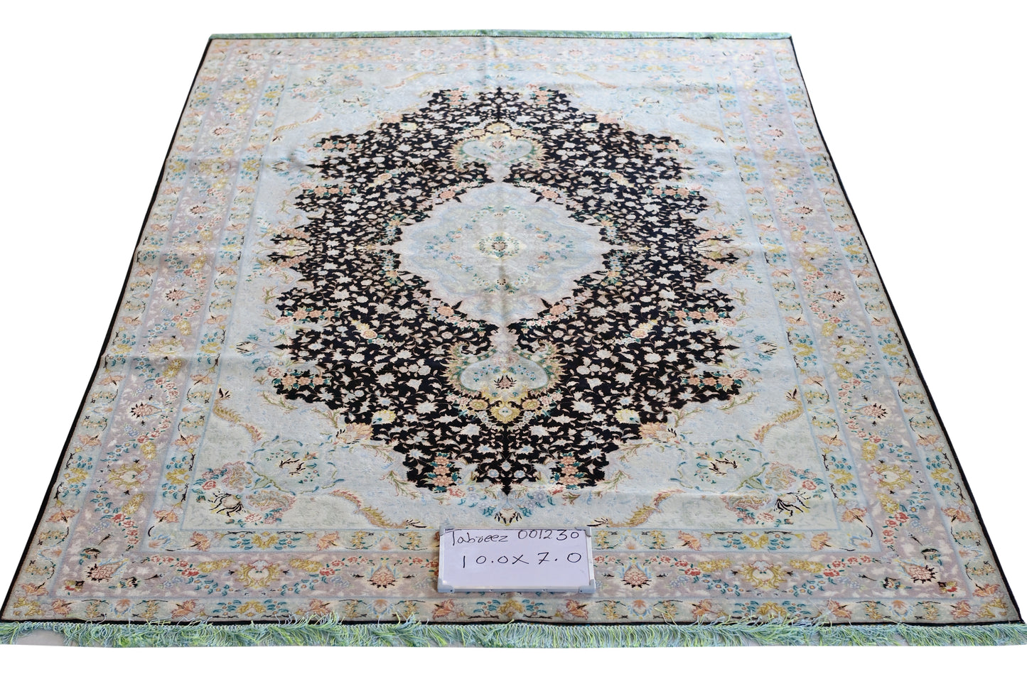 Tabriz Wool and Silk Black/Beige Fine Hand Knotted 10 X 7 FT