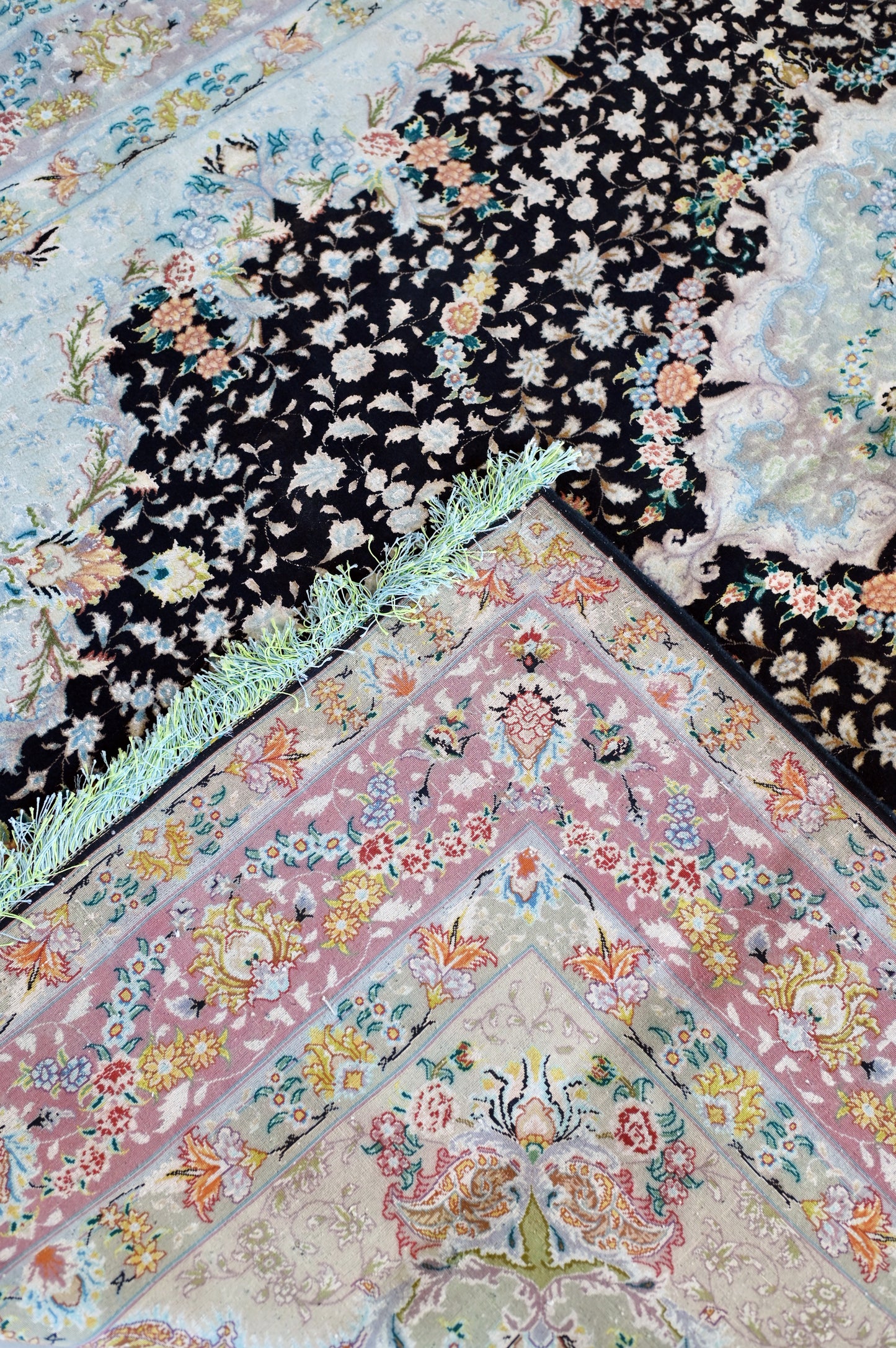 Tabriz Wool and Silk Black/Beige Fine Hand Knotted 10 X 7 FT