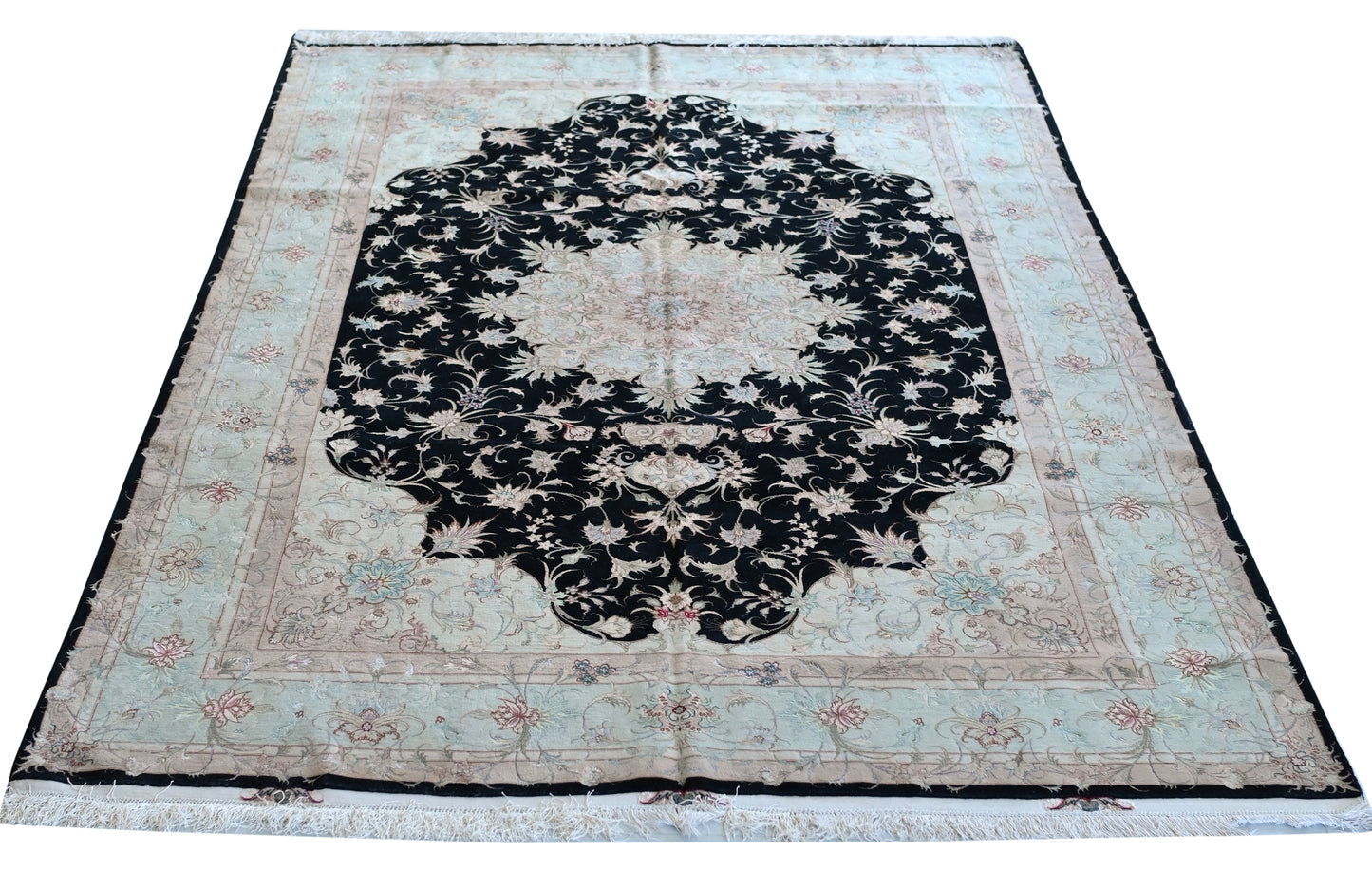 Tabriz Royal Wool and Silk on Silk Base Black/Beige/Pink 10 X 7 FT