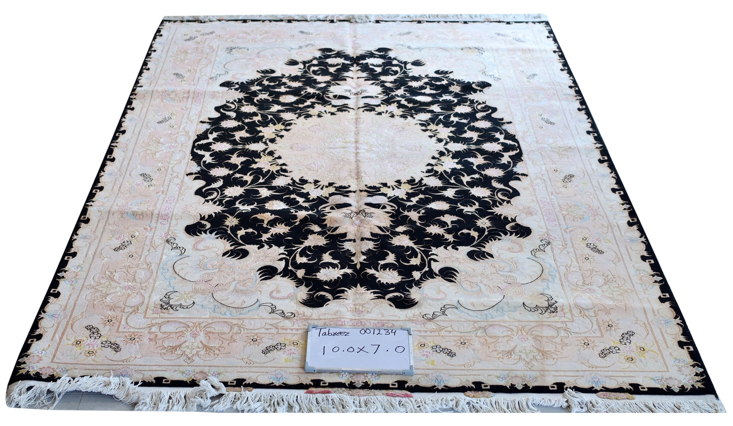 Tabriz Wool and Silk Black/Beige/Pink Fine Hand Knotted 10 X 7 FT