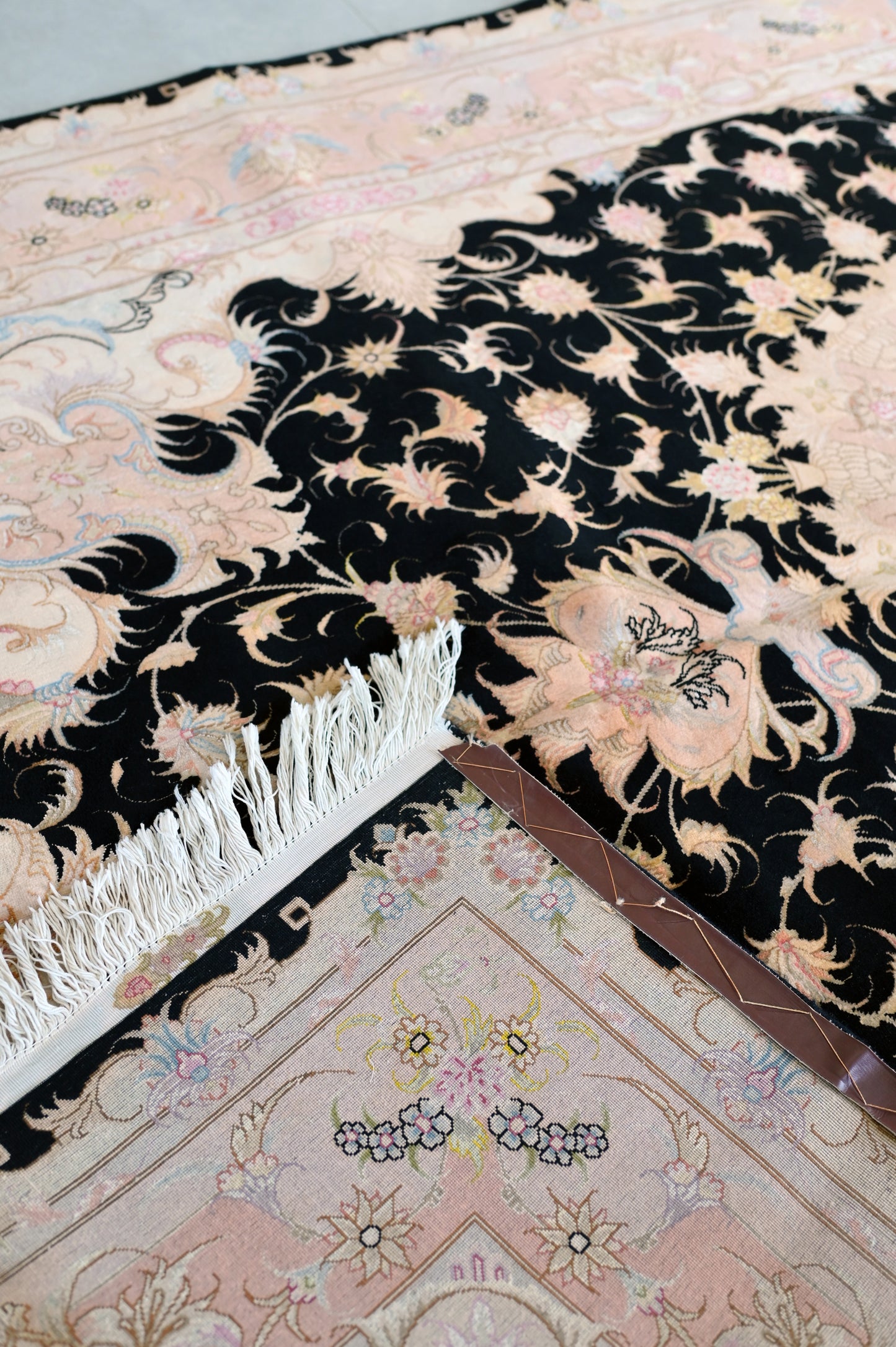 Tabriz Wool and Silk Black/Beige/Pink Fine Hand Knotted 10 X 7 FT