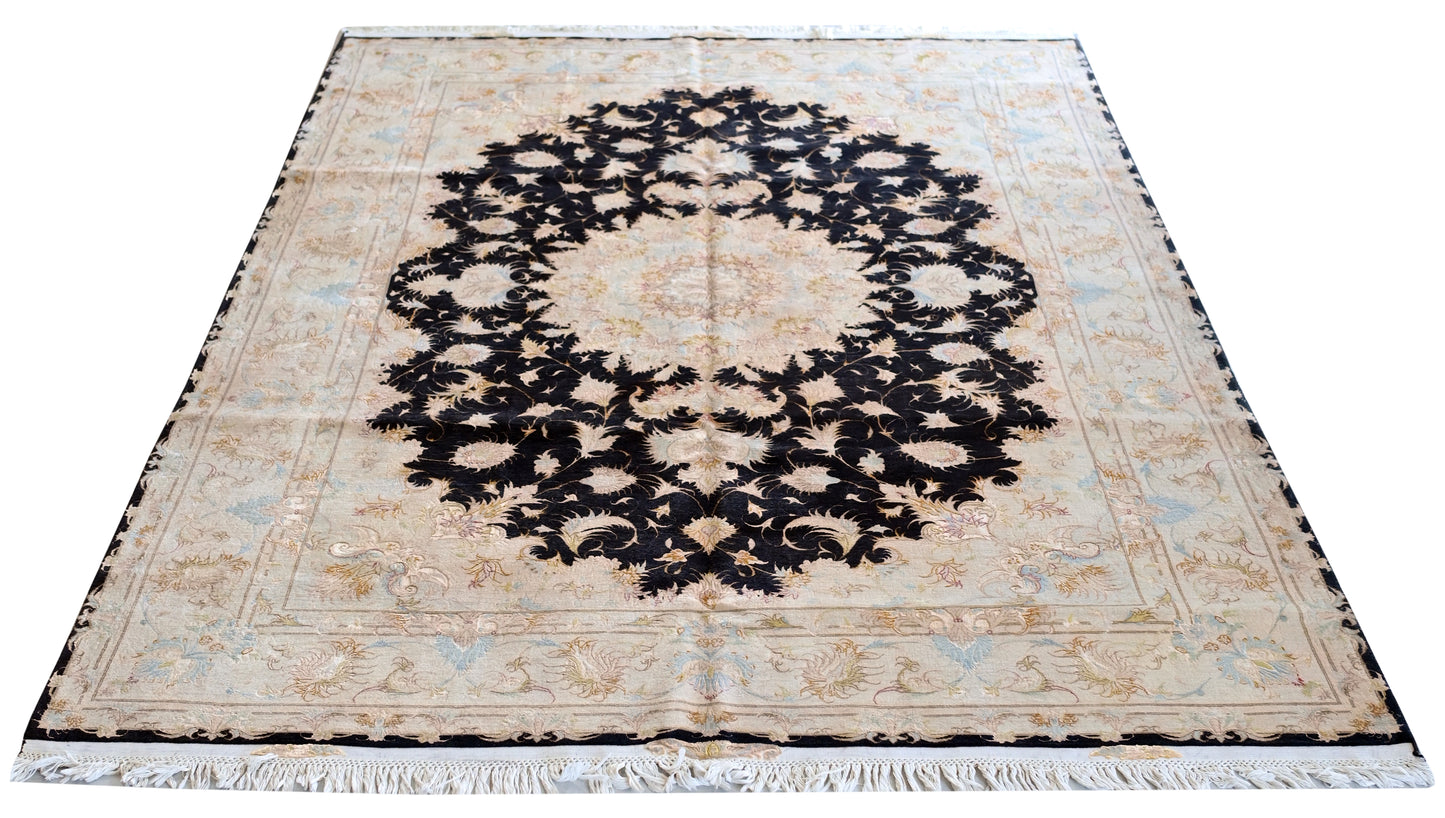 Tabriz wool and silk, black/beige, fine hand knotted 10 X 7 FT