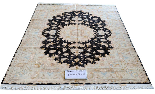 Tabriz wool and silk, black/beige, fine hand knotted 10 X 7 FT