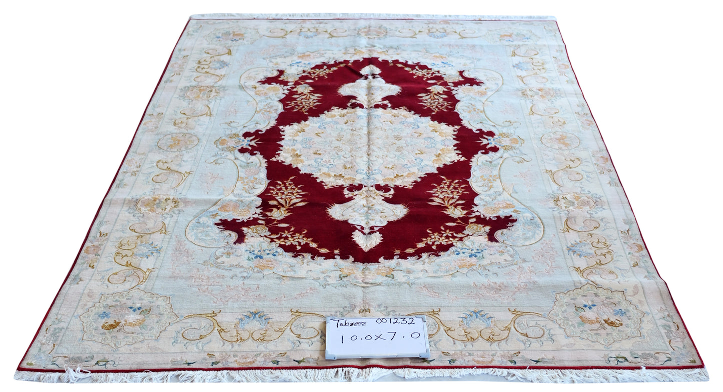 Tabriz wool and silk, red/beige, fine hand knotted 10 X 7 FT