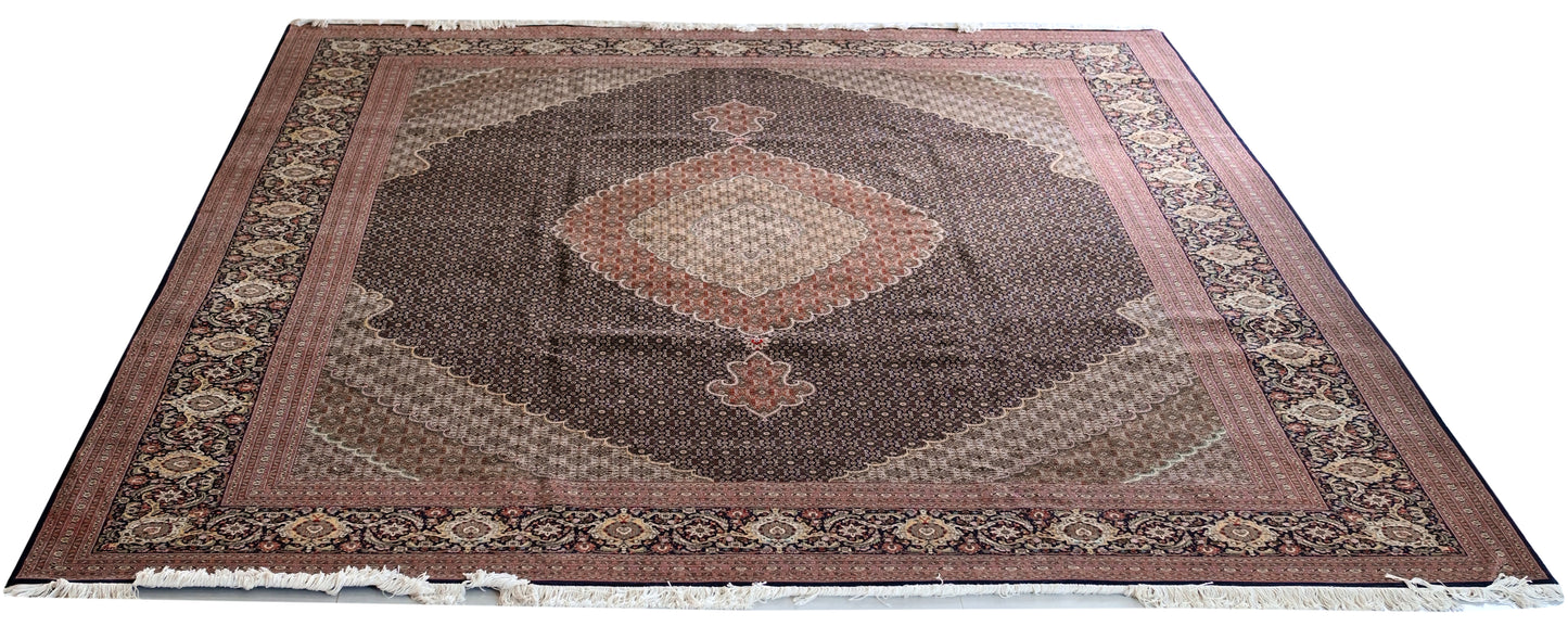 Tabriz Mahi wool and silk, rust and black, fine hand knotted 13 X 10 FT
