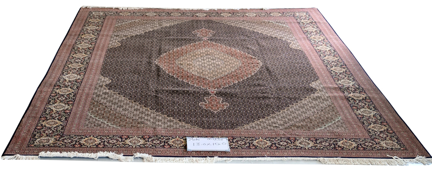 Tabriz Mahi wool and silk, rust and black, fine hand knotted 13 X 10 FT
