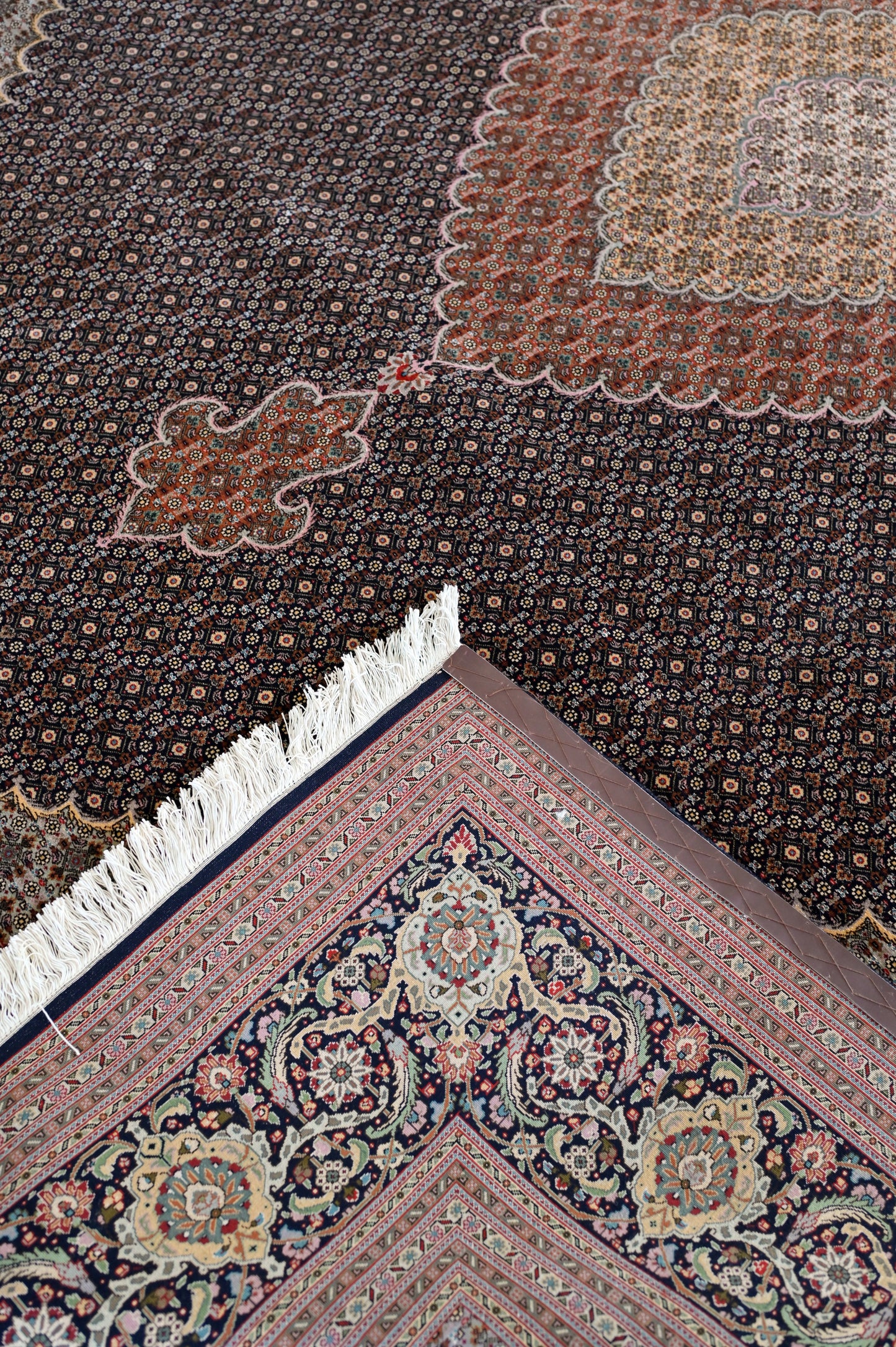 Tabriz Mahi wool and silk, rust and black, fine hand knotted 13 X 10 FT
